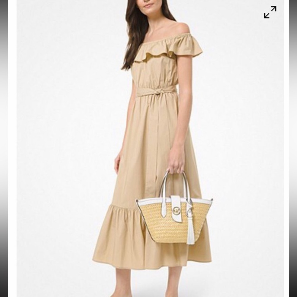 MICHAEL KORS Off The Shoulder Ruffled Dress In Khaki